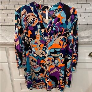 Dear Scarlett Tunic Womens 3XL Blue Colorful Floral Blouse Bohemian Beach Boho